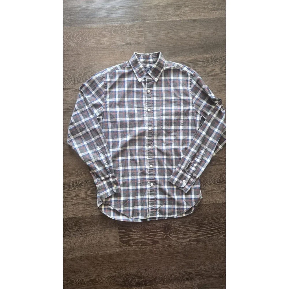 J.Crew Heathered Cotton Men’s Small Plaid Button-Down Shirt Gray Blue Red